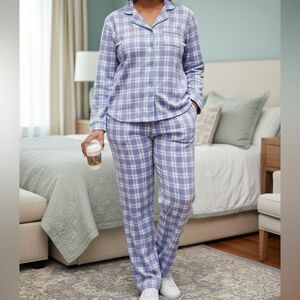 Adonna Womens Purple & Blue Plaid Fleece Pajamas Button Front Sleepwear Set